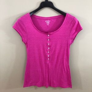 Hot Pink Cap-Sleeve Henley w/buttons - L